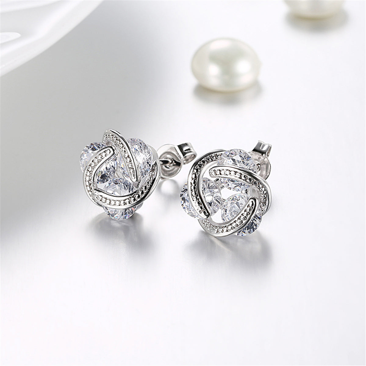 Cubic Zirconia & Silver-Plated Tri-Stone Stud Earrings