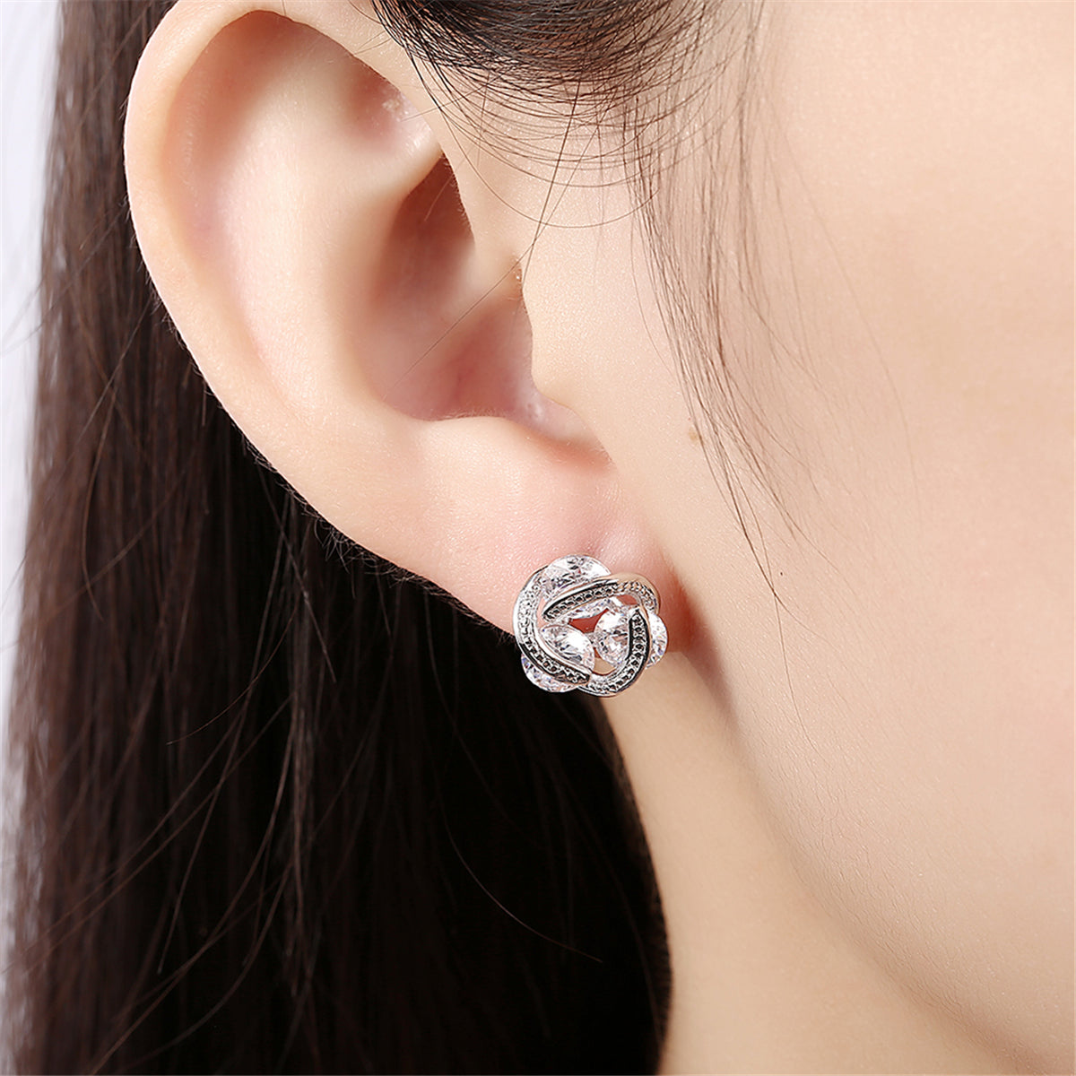 Cubic Zirconia & Silver-Plated Tri-Stone Stud Earrings