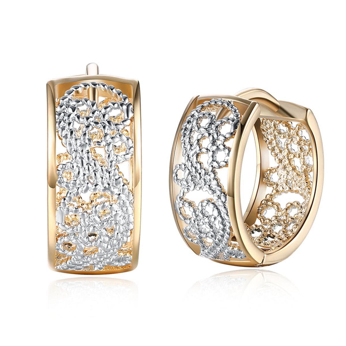 Two-Tone Embossed Cutout Huggie Earrings, huggie earrings, vintage-inspired design, side view