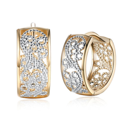 Two-Tone Embossed Cutout Huggie Earrings, huggie earrings, vintage-inspired design, side view