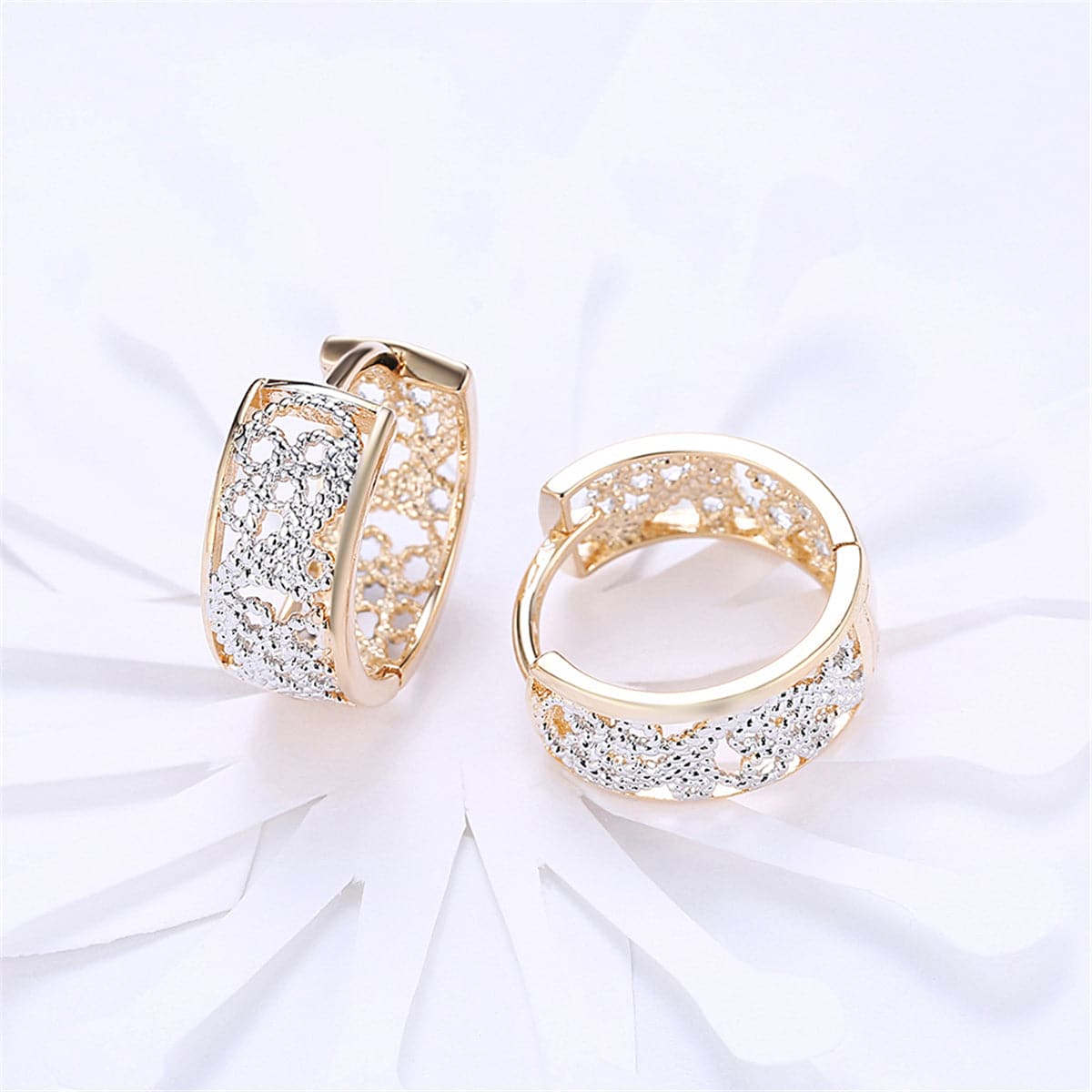 Silver-Plated & 18k Gold-Plated Embossed Cutout Huggie Earrings - streetregion