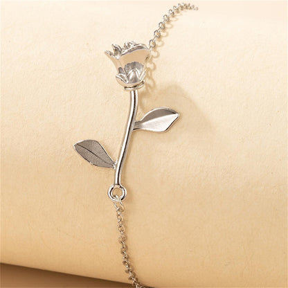 Silver-Plated Rose Charm Anklet, silver anklet bracelet, elegant gift for her, front view