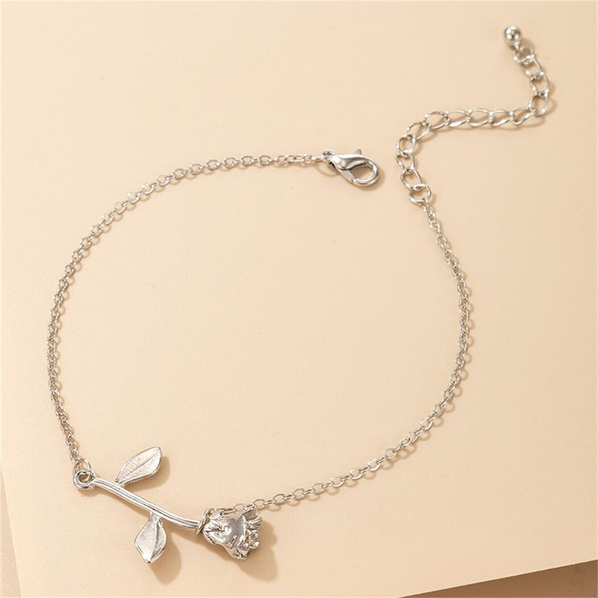 Silver-Plated Rose Charm Anklet, silver anklet bracelet, elegant gift for her, detail close-up