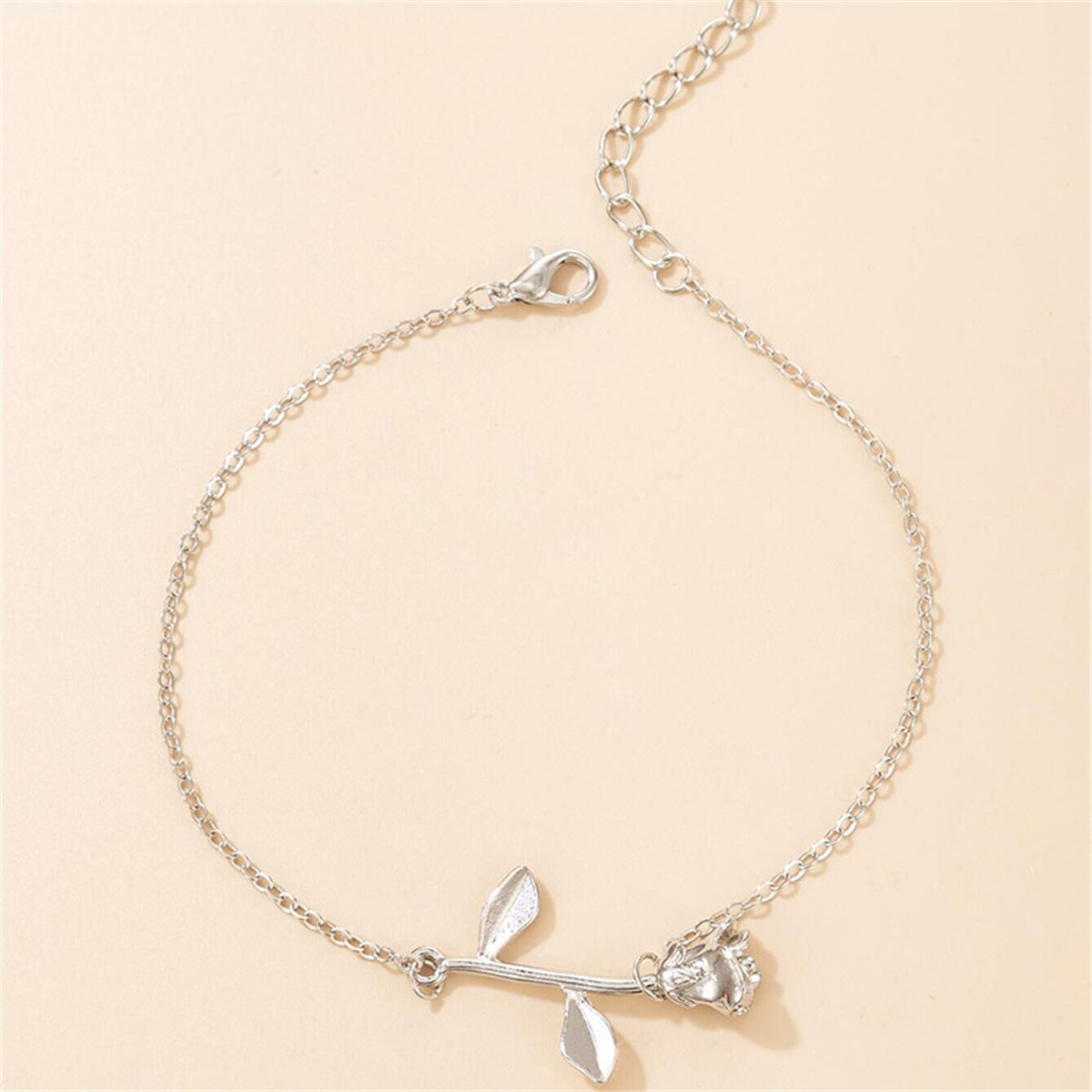 Silver-Plated Rose Charm Anklet, silver anklet bracelet, elegant gift for her, lifestyle look