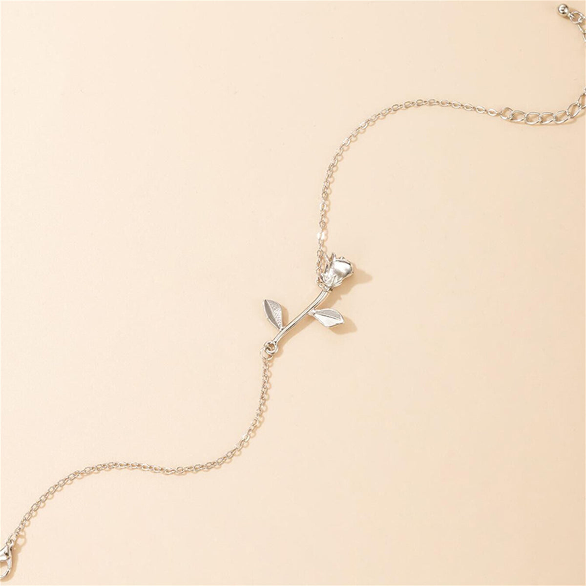 Silver-Plated Rose Charm Anklet, silver anklet bracelet, elegant gift for her, side view