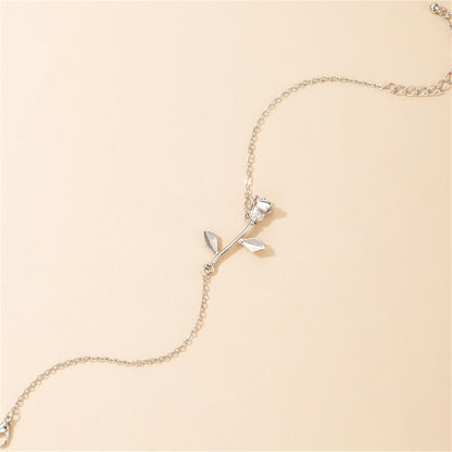 Silver-Plated Rose Charm Anklet, silver anklet bracelet, elegant gift for her, side view