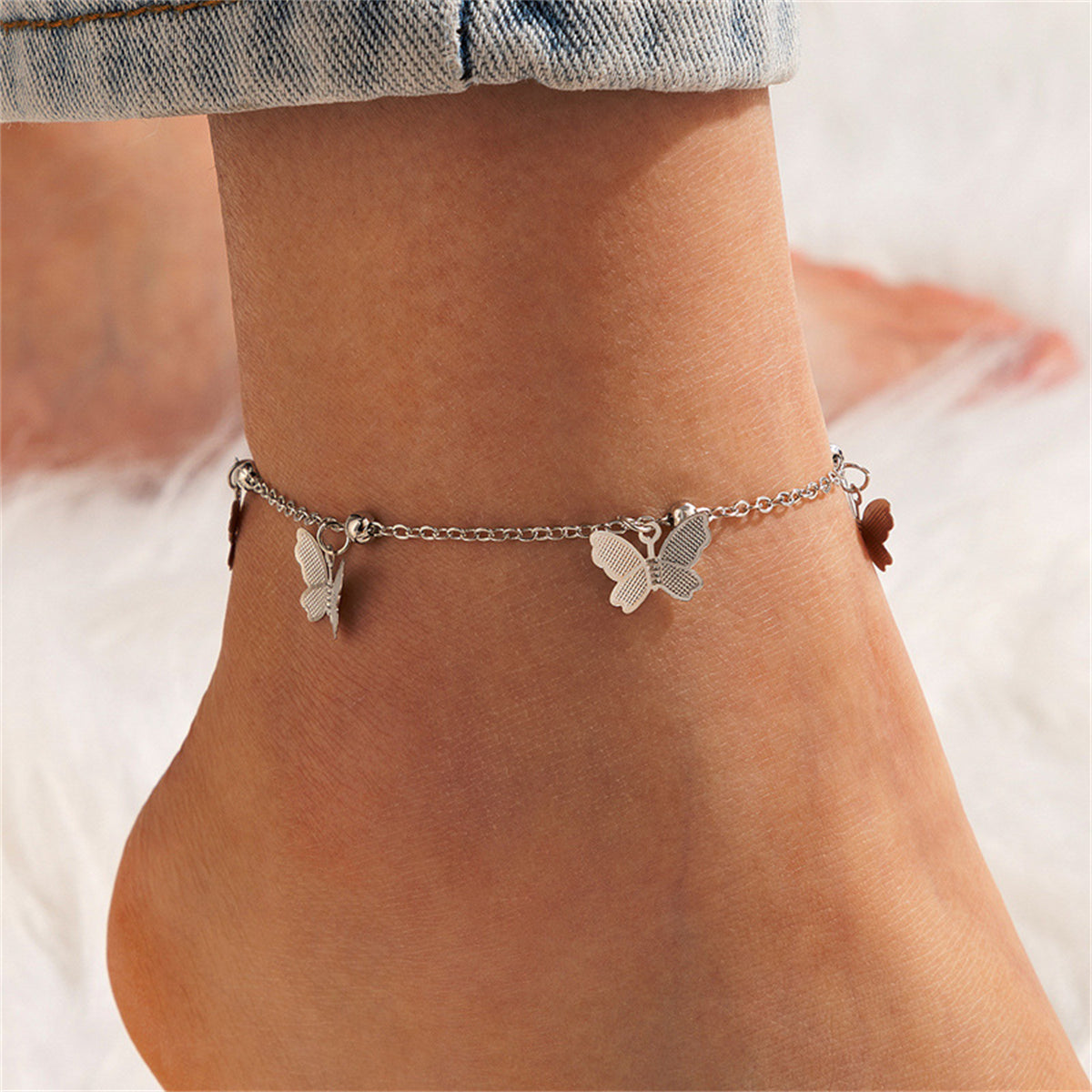 Silver-Plated Butterfly Station Anklet, silver anklet bracelet, elegant gift for her, front view