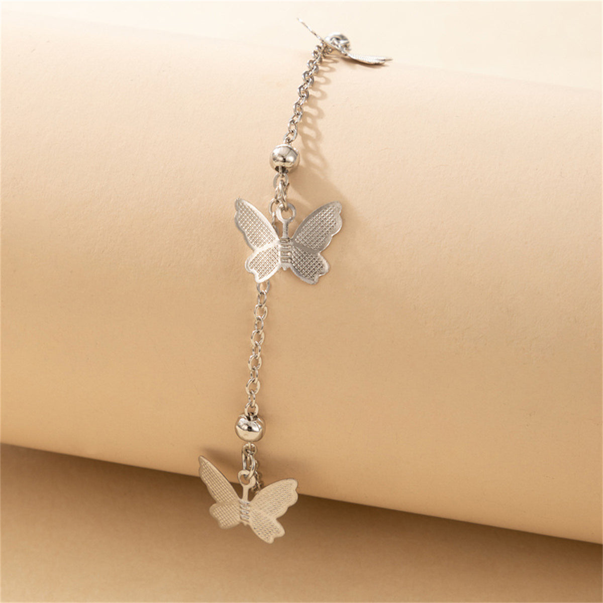 Silver-Plated Butterfly Station Anklet, silver anklet bracelet, elegant gift for her, side view