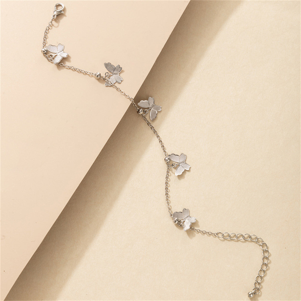 Silver-Plated Butterfly Station Anklet, silver anklet bracelet, elegant gift for her, detail close-up