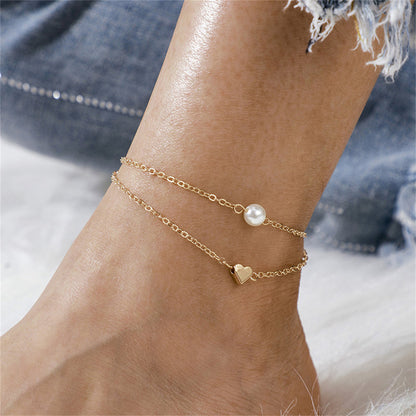 Pearl and 18K Gold-Plated Heart Layered Anklet, gold anklet bracelet, everyday style, front view