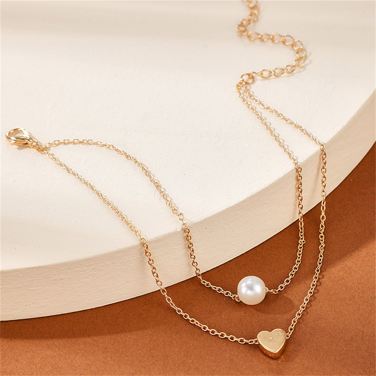 Pearl and 18K Gold-Plated Heart Layered Anklet, gold anklet bracelet, everyday style, detail close-up