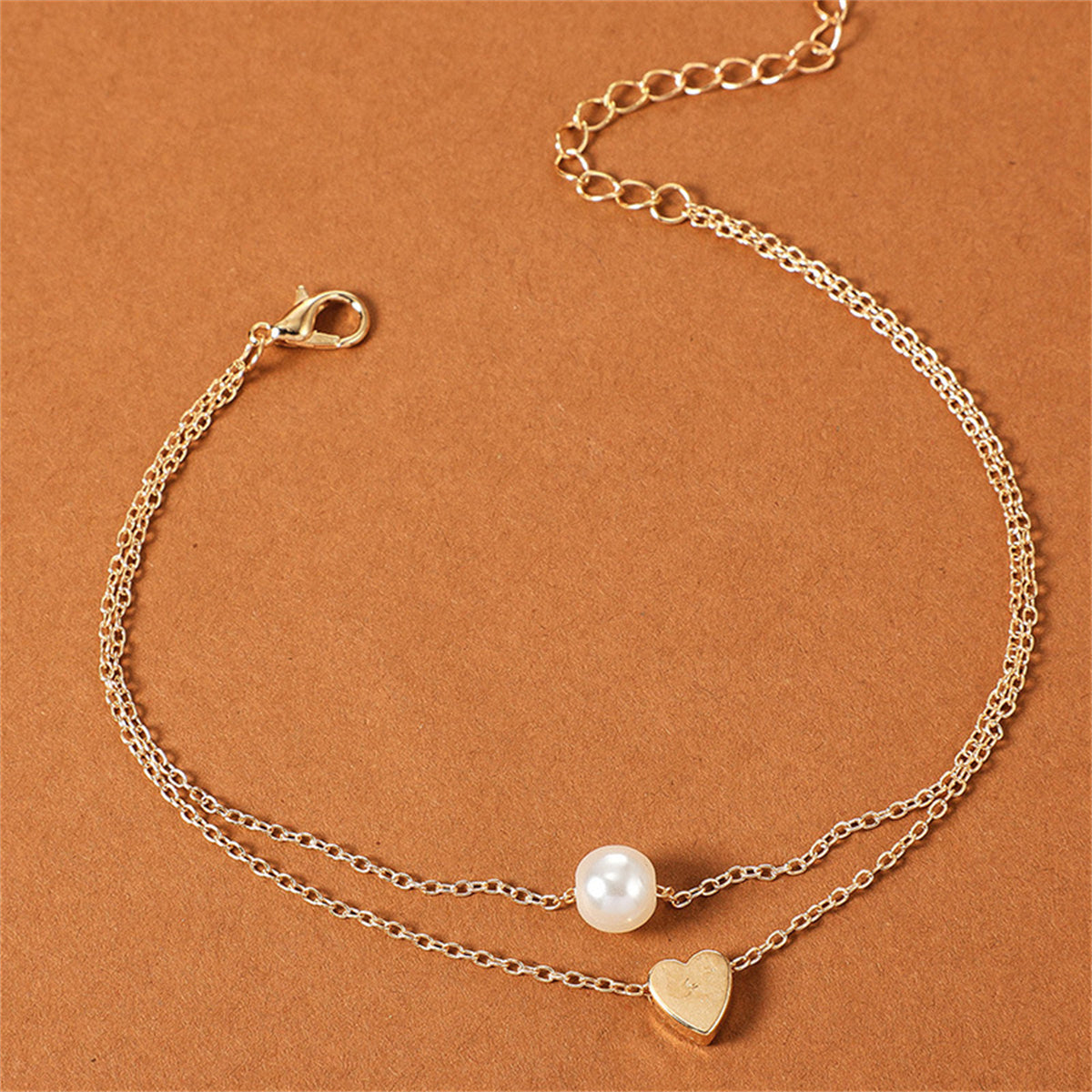 Pearl & 18K Gold-Plated Heart Layered Anklet