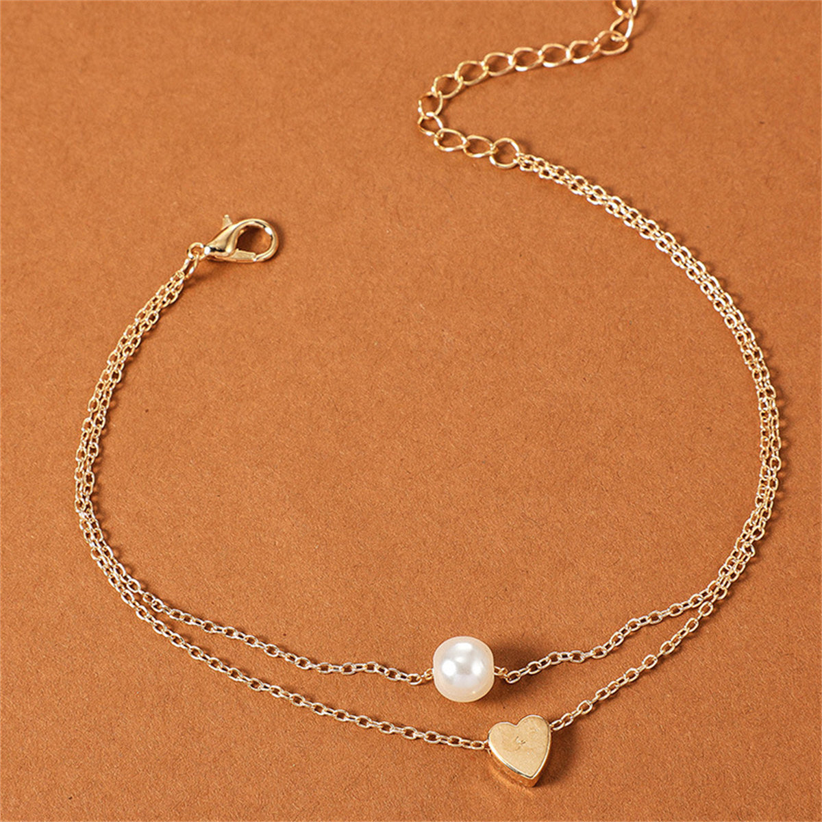 Pearl and 18K Gold-Plated Heart Layered Anklet, gold anklet bracelet, everyday style, side view