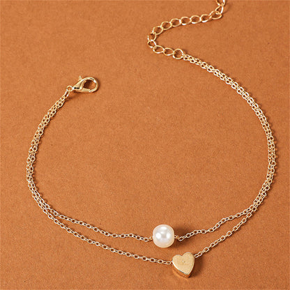 Pearl and 18K Gold-Plated Heart Layered Anklet, gold anklet bracelet, everyday style, side view
