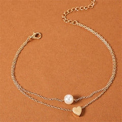 Pearl & 18K Gold-Plated Heart Layered Anklet