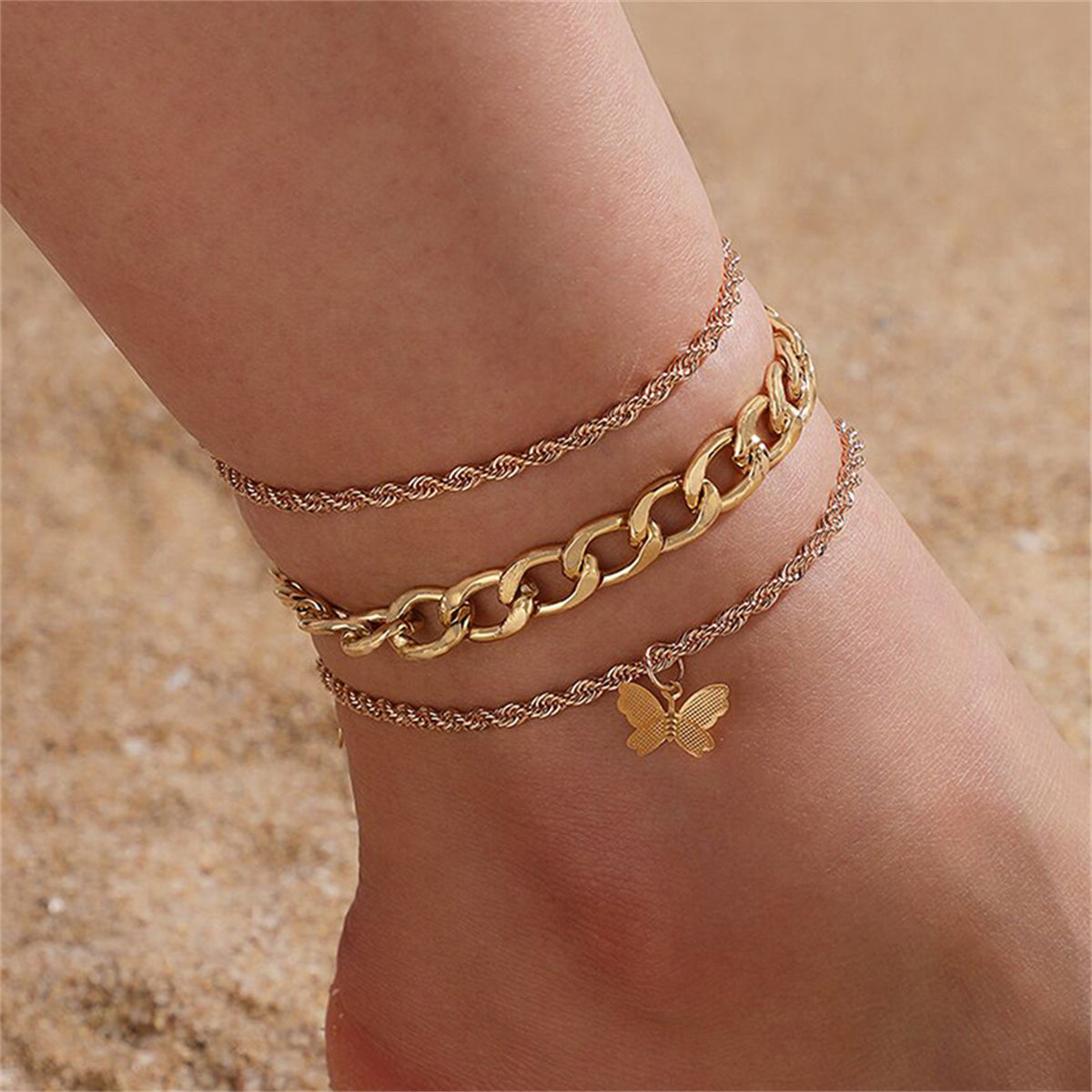 18K Gold-Plated Rope-Chain Butterfly-Charm Anklet Set, jewelry gift sets for women, dainty minimalist design, front view