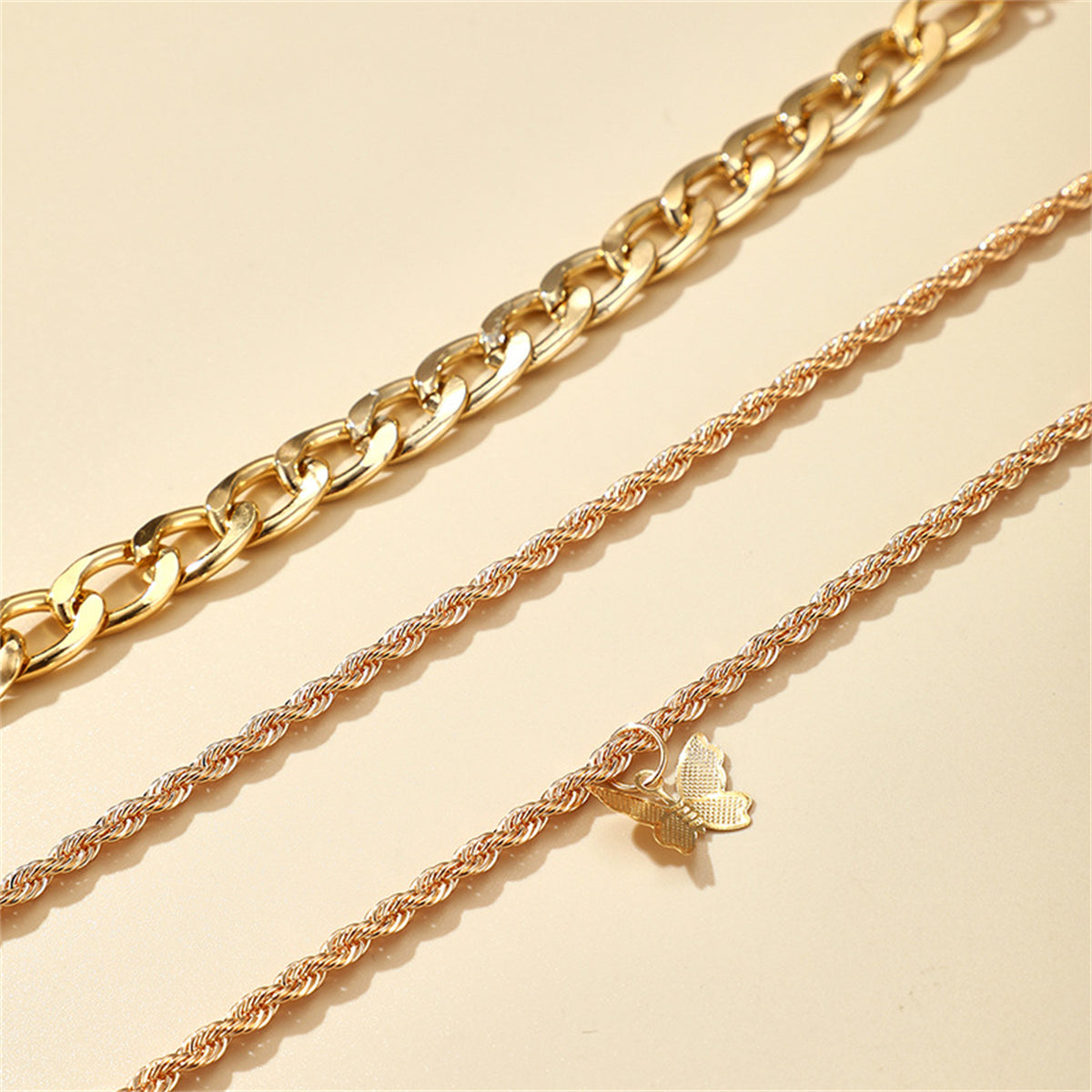 18K Gold-Plated Rope-Chain Butterfly-Charm Anklet Set, jewelry gift sets for women, dainty minimalist design, styled look