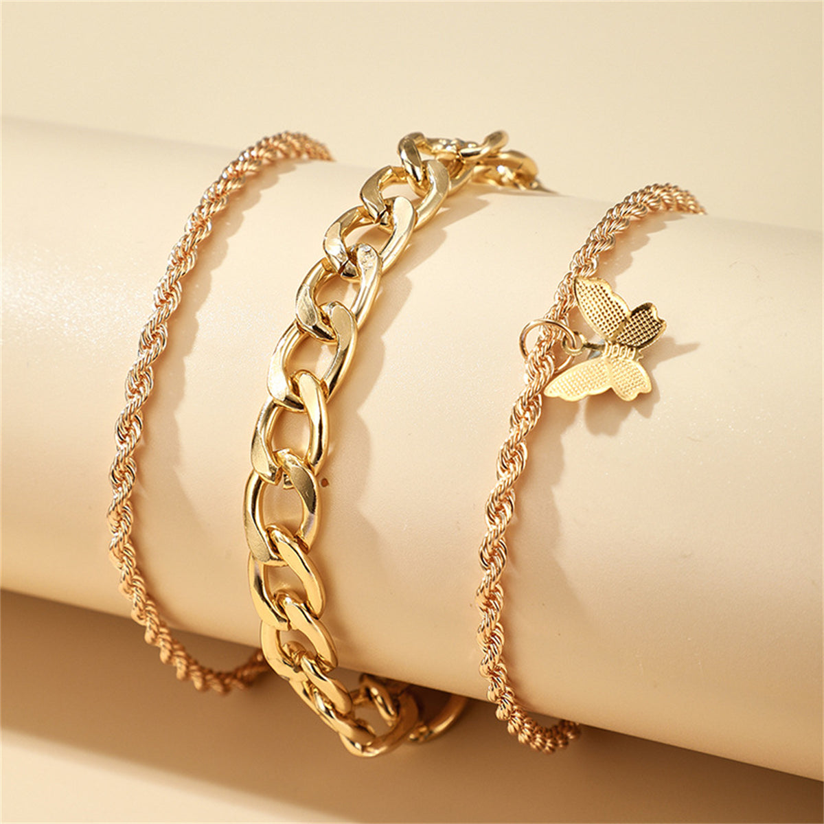 18K Gold-Plated Rope-Chain Butterfly-Charm Anklet Set, jewelry gift sets for women, dainty minimalist design, side view