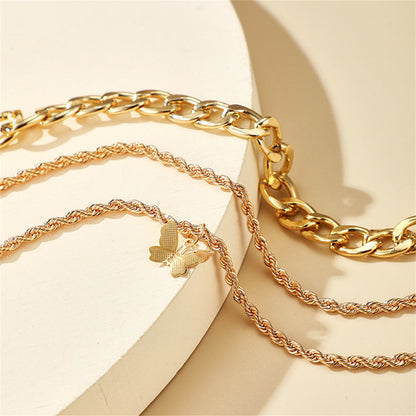 18K Gold-Plated Rope-Chain Butterfly-Charm Anklet Set, jewelry gift sets for women, dainty minimalist design, detail close-up
