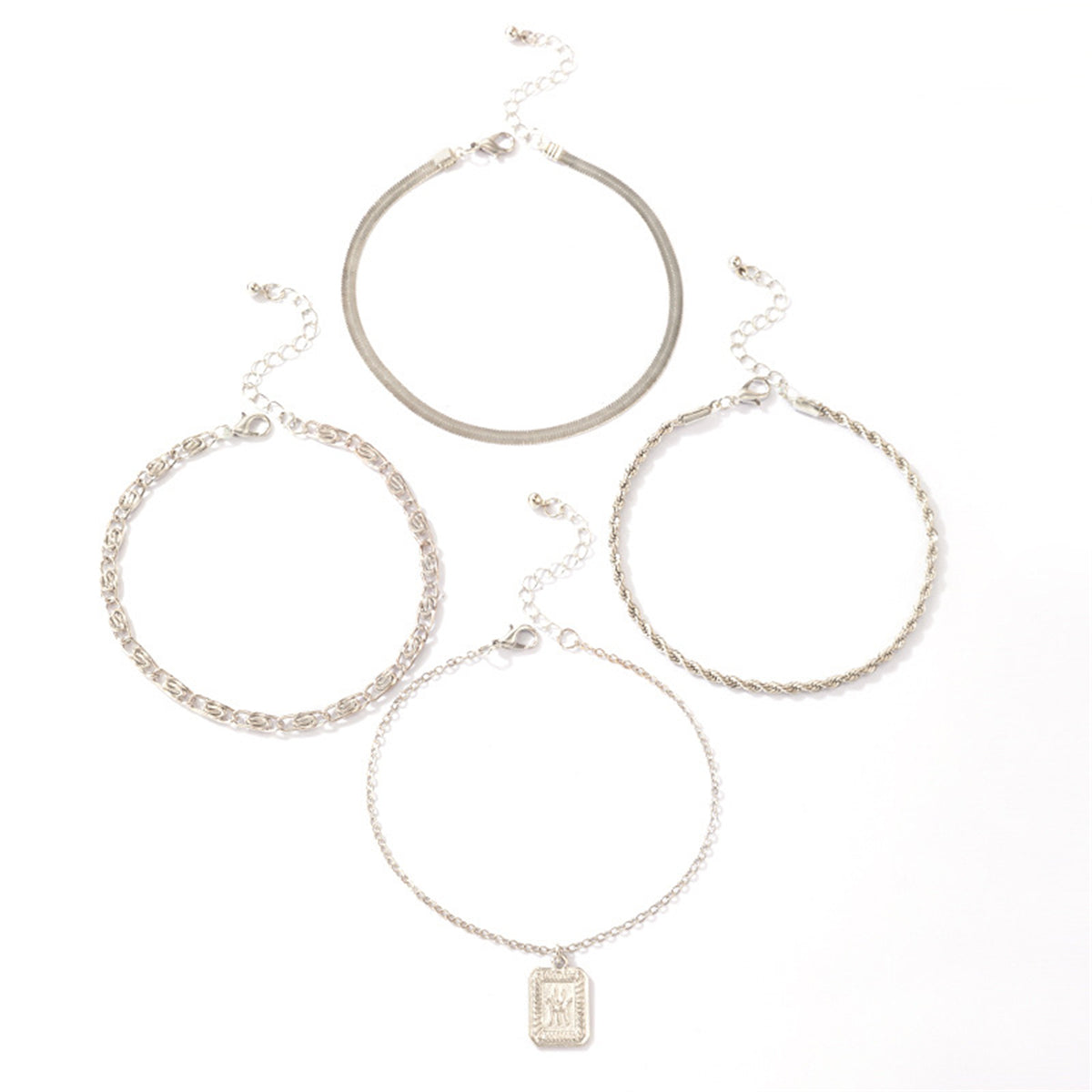 Silver-Plated Snake & Rope Chain Charm Anklet Set