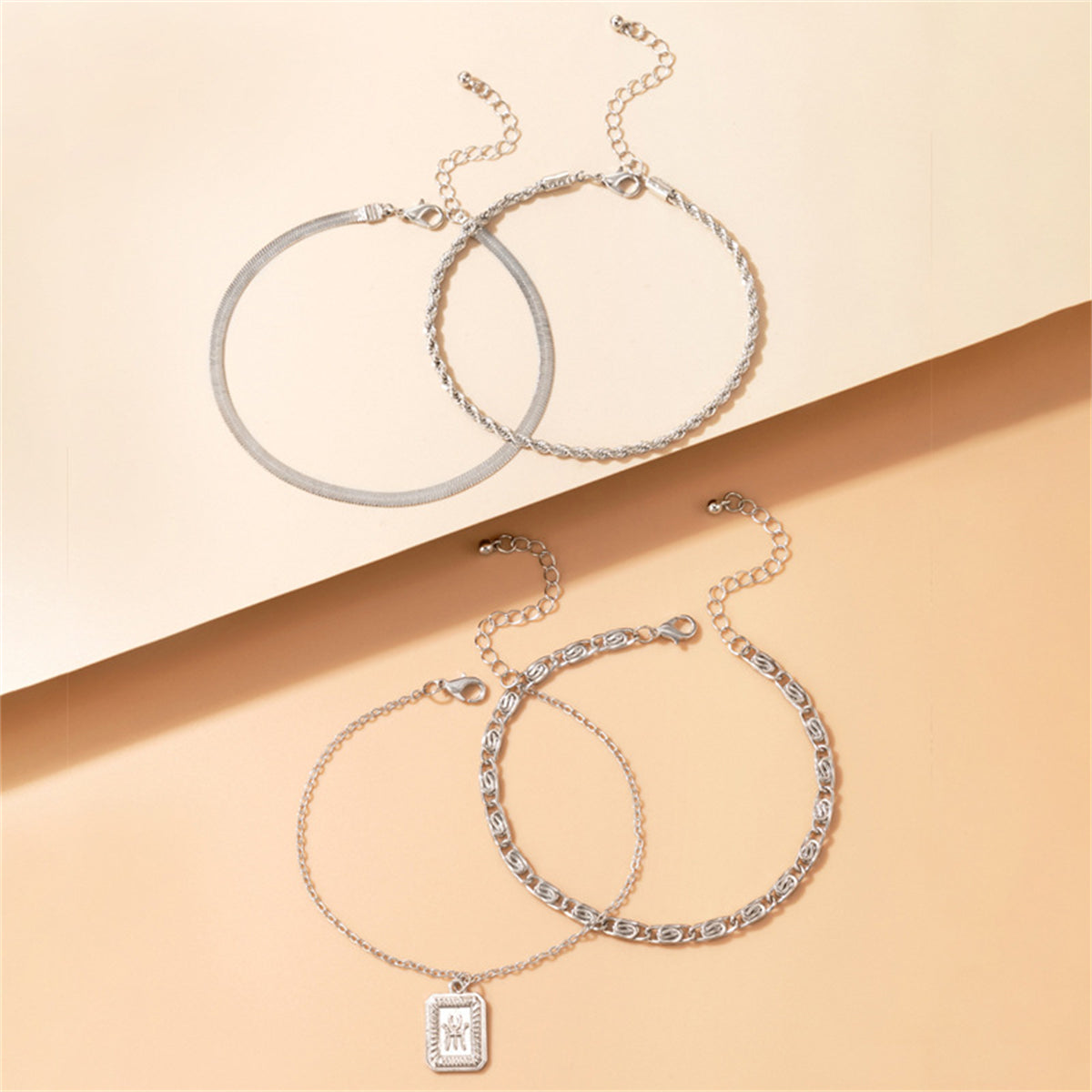Silver-Plated Snake & Rope Chain Charm Anklet Set