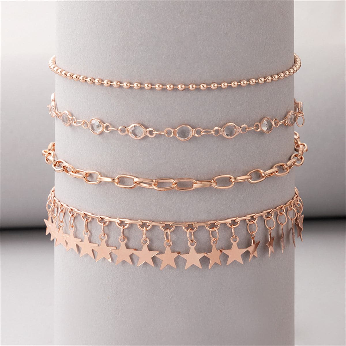 Cubic Zirconia & 18K Rose Gold-Plated Bead & Star Station Anklet Set