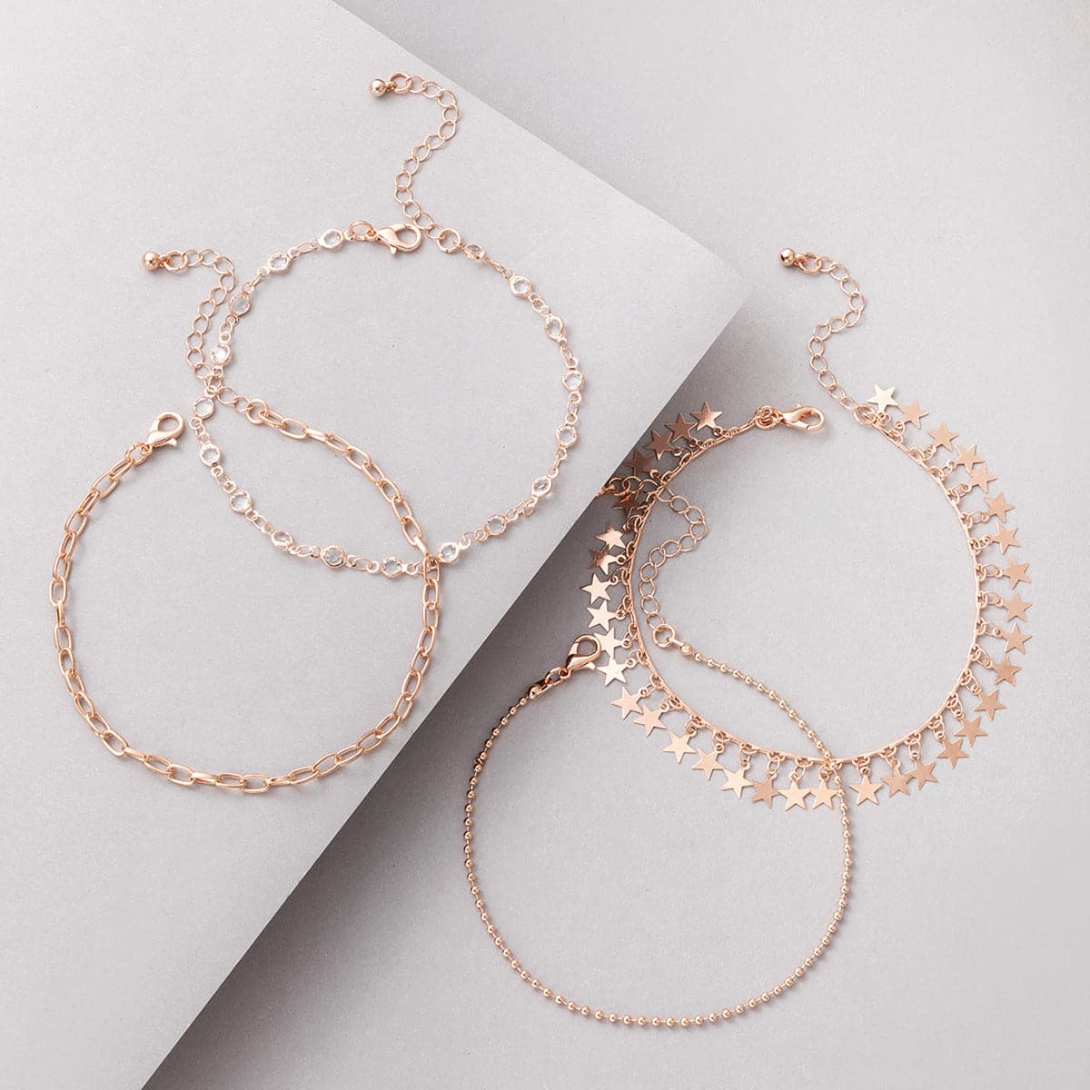 Cubic Zirconia & 18K Rose Gold-Plated Bead & Star Station Anklet Set
