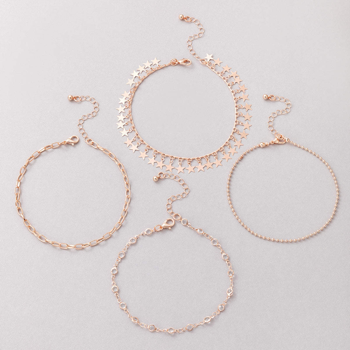 Cubic Zirconia & 18K Rose Gold-Plated Bead & Star Station Anklet Set