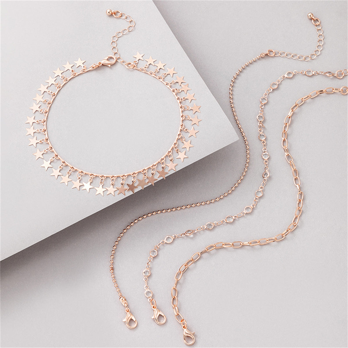 Cubic Zirconia & 18K Rose Gold-Plated Bead & Star Station Anklet Set