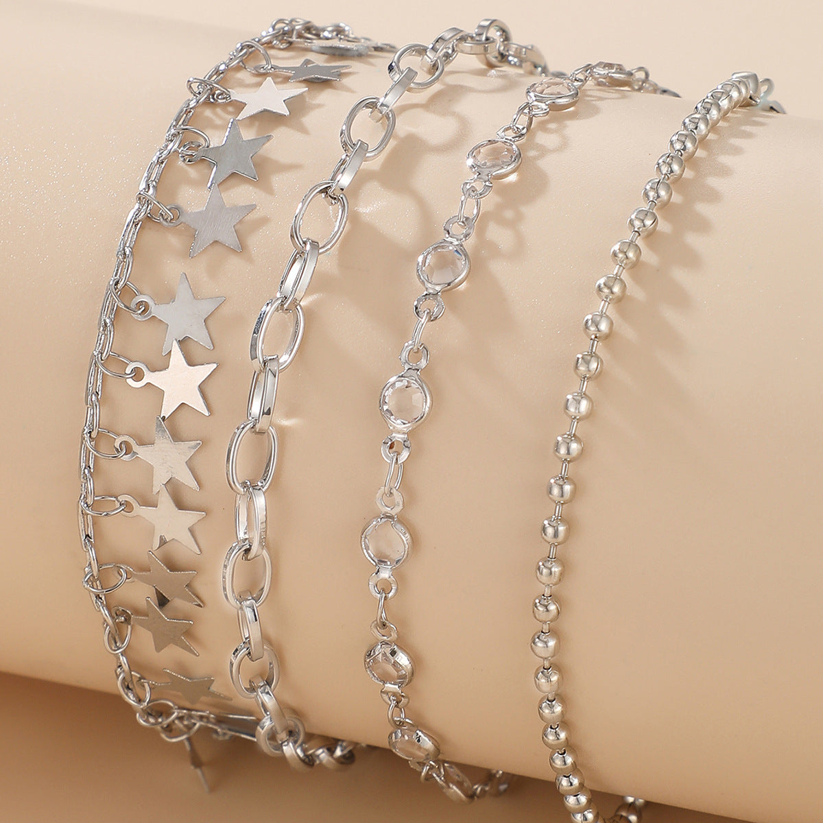 Silver-Plated Star & Beaded Anklet Set
