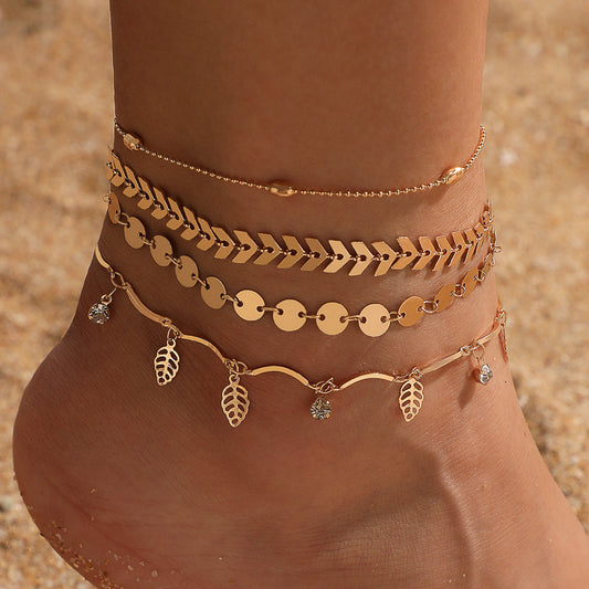 Cubic Zirconia and 18K Gold-Plated Leaves Station Anklet Set, jewelry gift sets for women, everyday style, front view