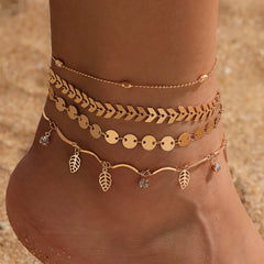 Cubic Zirconia & 18K Gold-Plated Leaves Station Anklet Set