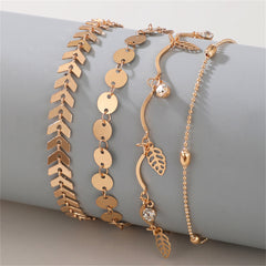 Cubic Zirconia & 18K Gold-Plated Leaves Station Anklet Set