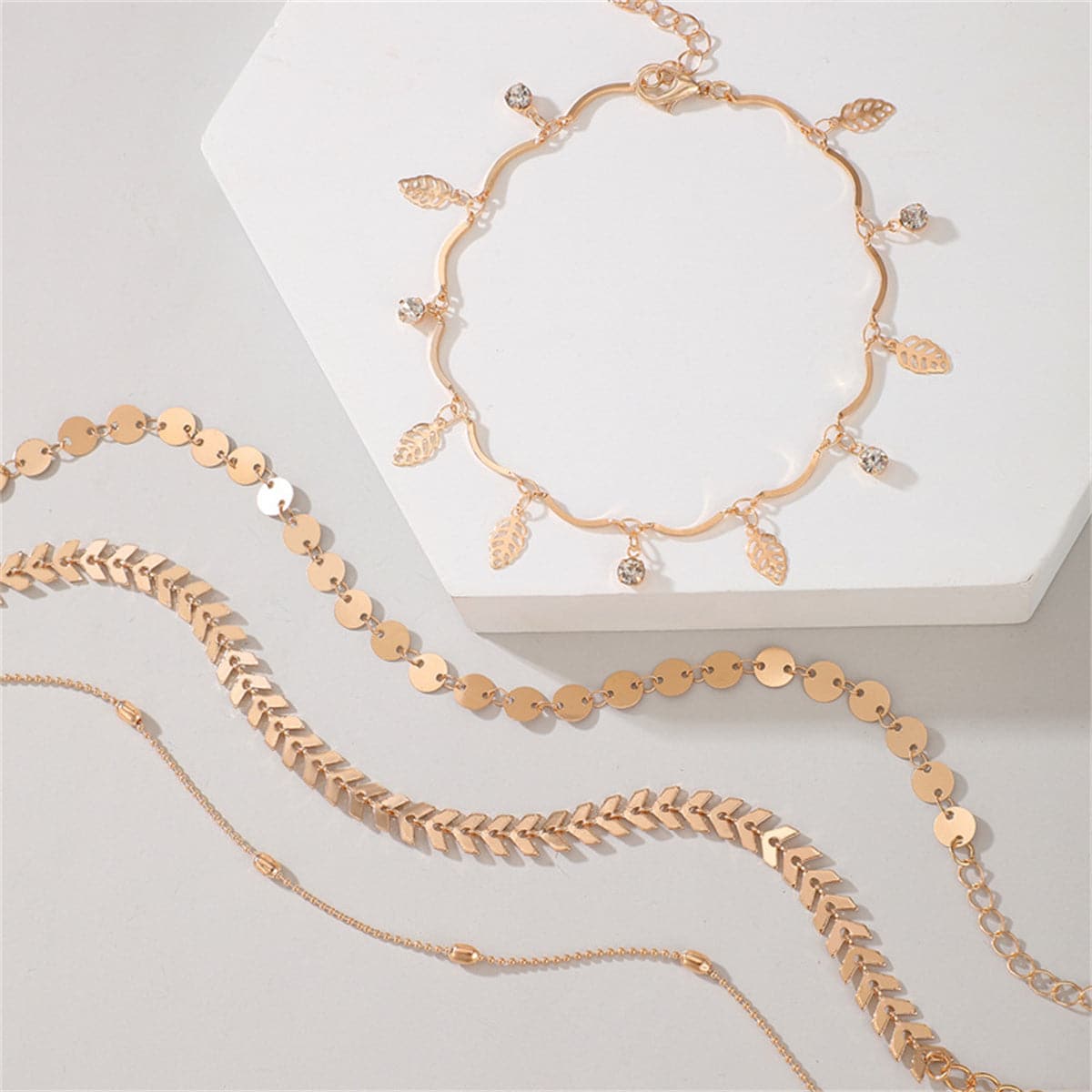 Cubic Zirconia & 18K Gold-Plated Leaves Station Anklet Set