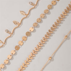 Cubic Zirconia & 18K Gold-Plated Leaves Station Anklet Set