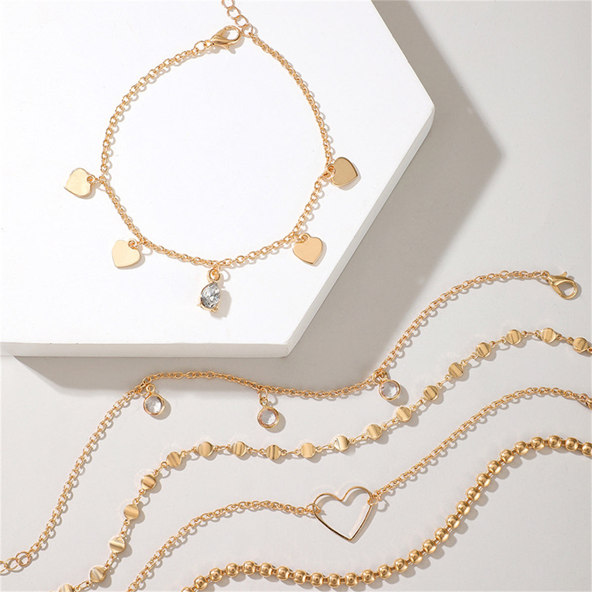 Cubic Zirconia & 18K Gold-Plated Open-Heart Station Anklet Set