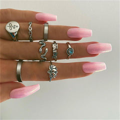 Moonstone & Silver-Plated Lotus Snake Ring Set