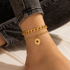 Black Enamel & 18K Gold-Plated Coin Charm Anklet Set