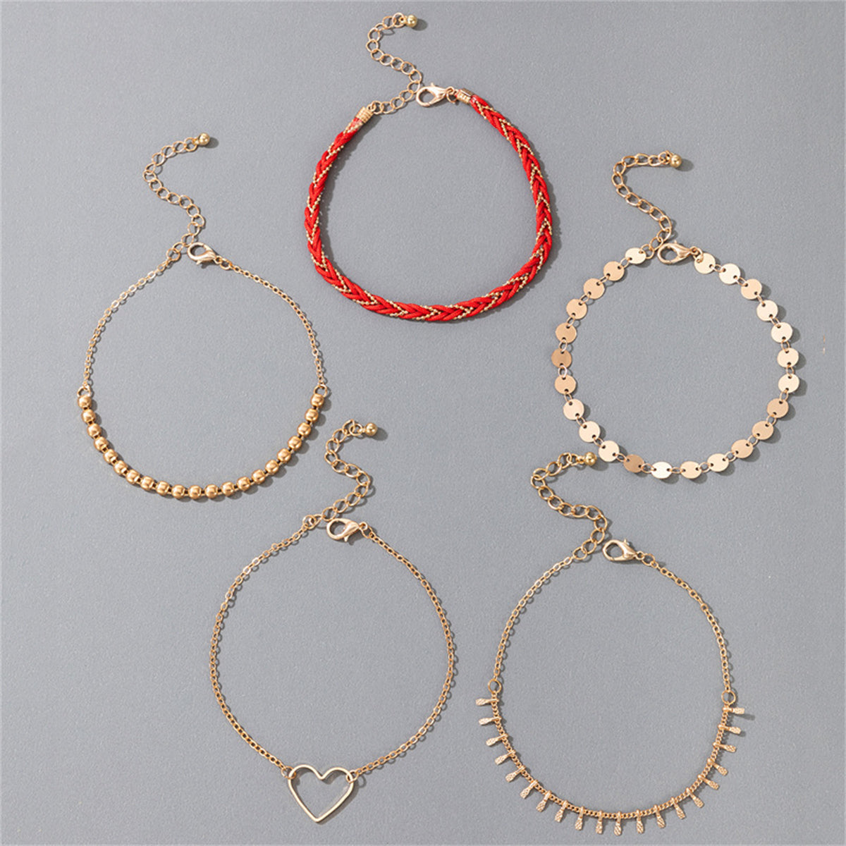 Red Polyster & 18K Gold-Plated Open-Heart Bead Chain Anklet Set