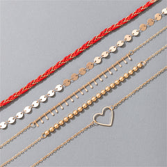 Red Polyster & 18K Gold-Plated Open-Heart Bead Chain Anklet Set