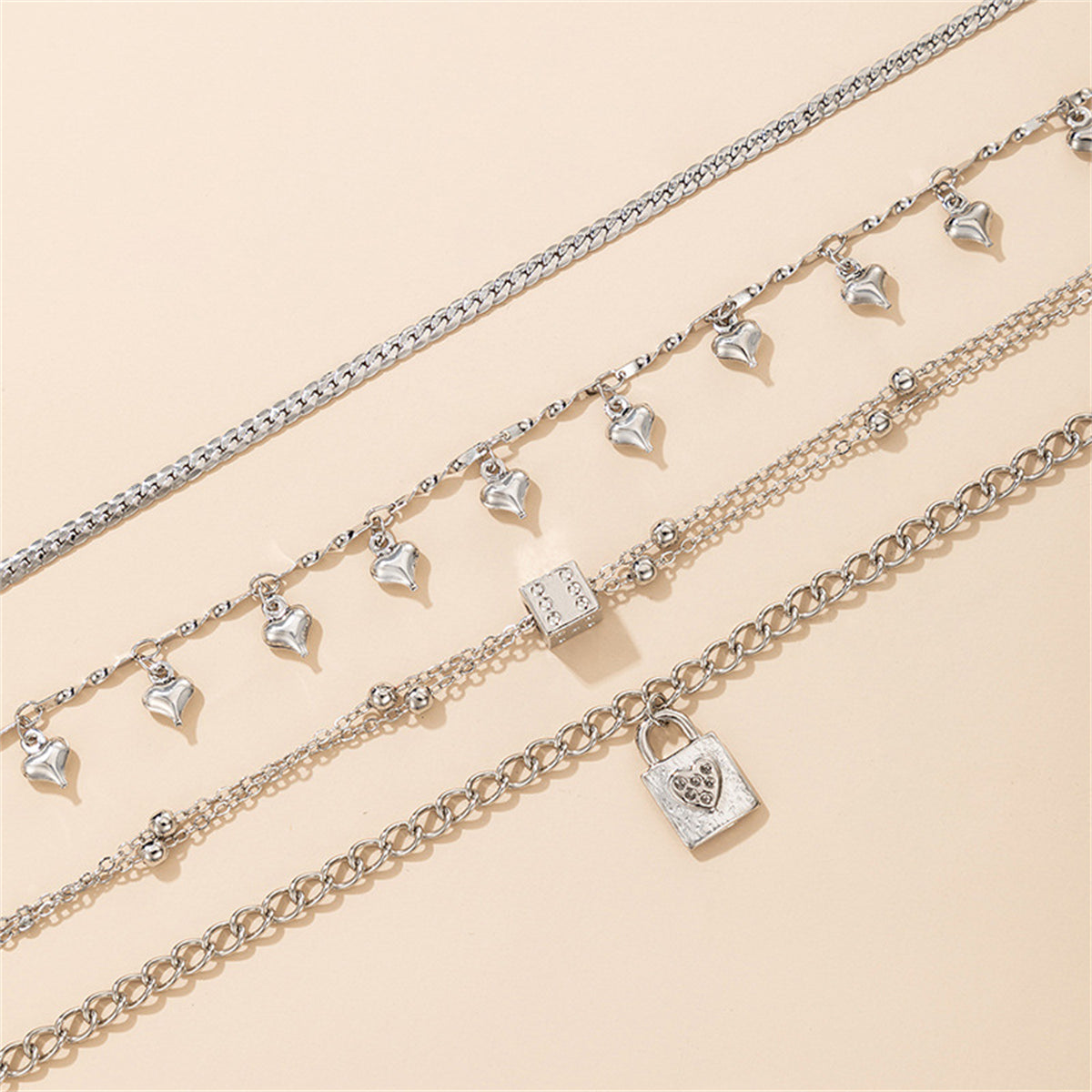 Silver-Plated Heart Tassel Dice Layered Anklets