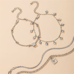 Silver-Plated Heart Tassel Dice Layered Anklets