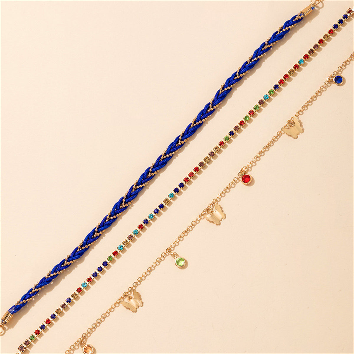 Vibrant Cubic Zirconia & Blue Butterfly Charm Anklet Set