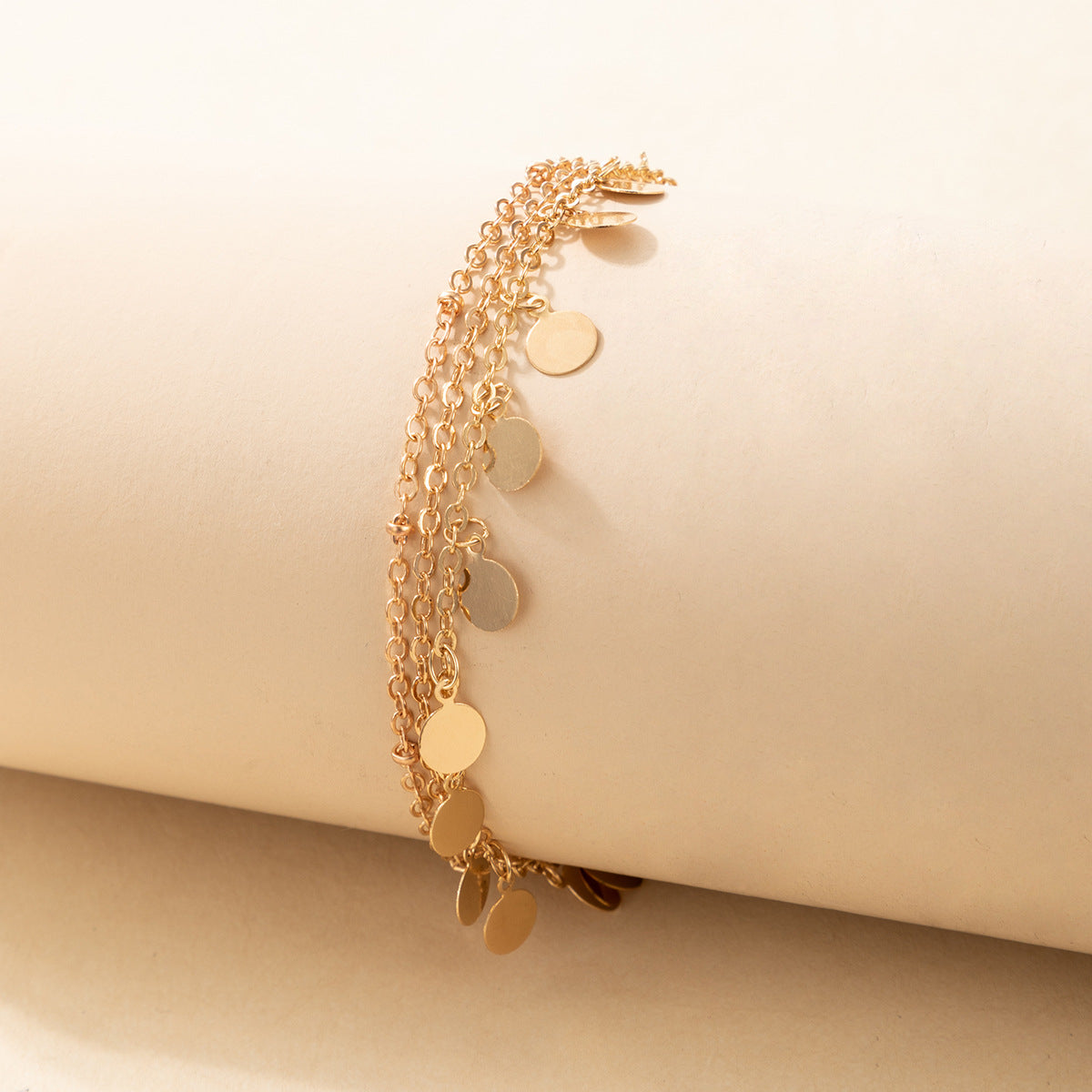18K Gold-Plated Disc Charm Layered Anklet, gold anklet bracelet, vintage-inspired design, side view
