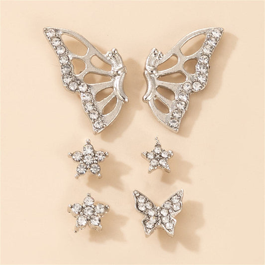 Cubic Zirconia and Silver-Plated Butterfly Earrings Set, silver stud earrings for women, everyday style, front view