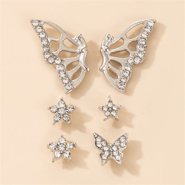 Cubic Zirconia & Silver-Plated Butterfly Earrings Set