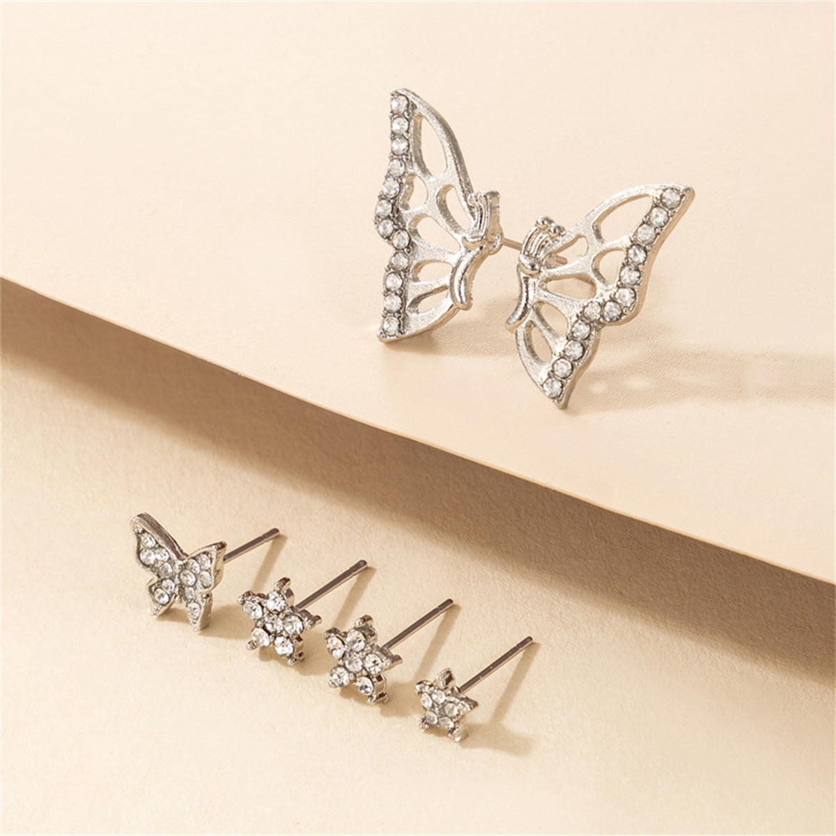 Cubic Zirconia and Silver-Plated Butterfly Earrings Set, silver stud earrings for women, everyday style, detail close-up