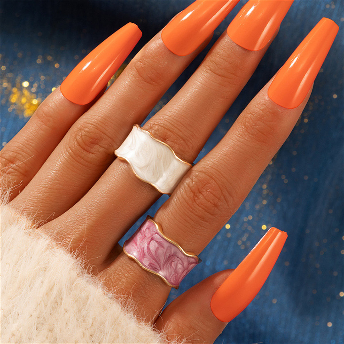 Purple and White Enamel Marbled Abstract Adjustable Band Set, statement rings for women, elegant gift for her, front view