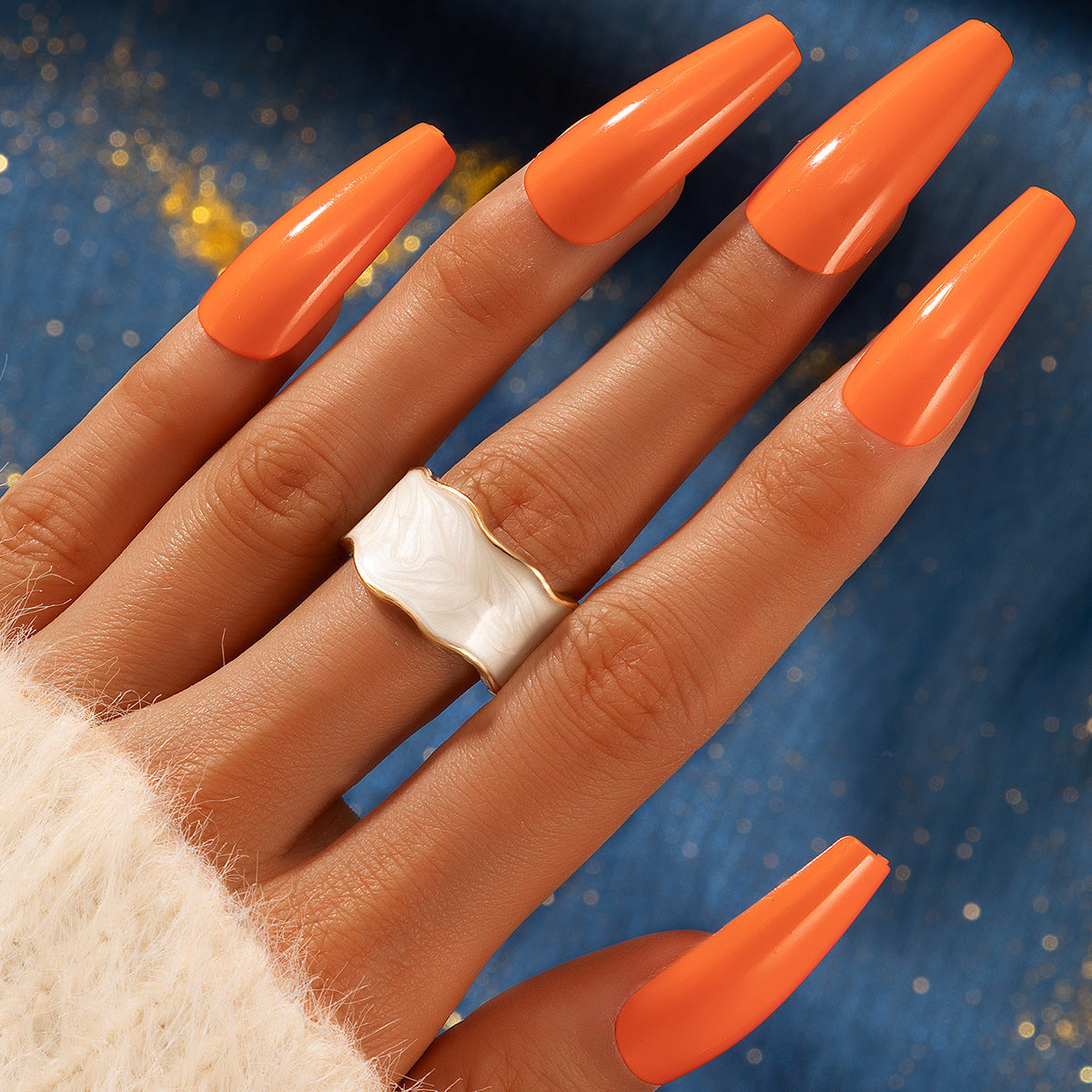 Enamel and 18K Gold-Plated Marbled Abstract Open Band, gold statement rings for women, dainty minimalist design, front view