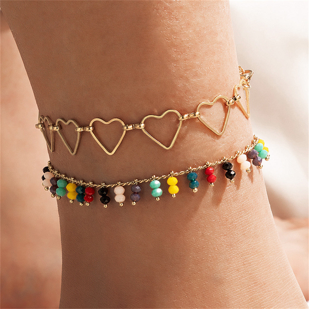 18K Gold-Plated Open Heart Station Anklet & Vibrant Beaded Anklet Set